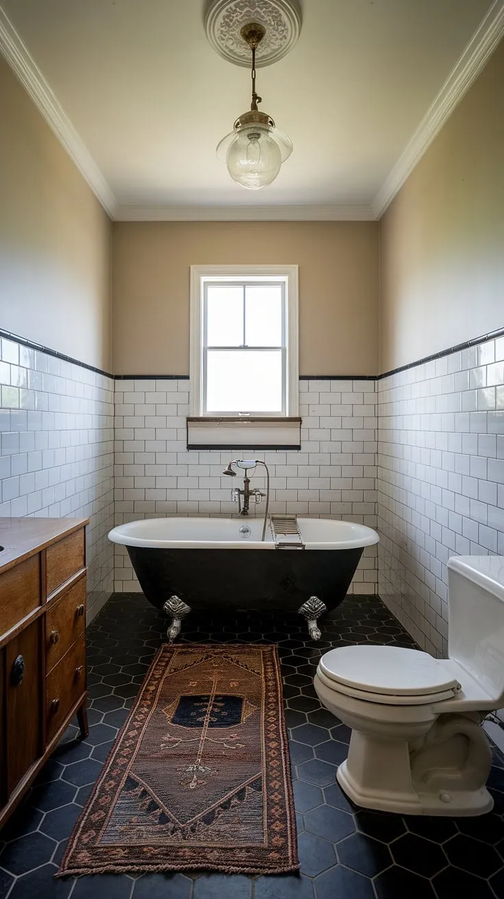 This vintage modern bathroom showcases classic design inspiration with black and white tiles, a clawfoot tub, and a vintage light fixture, creating a stylish decor that elevates any bathroom.