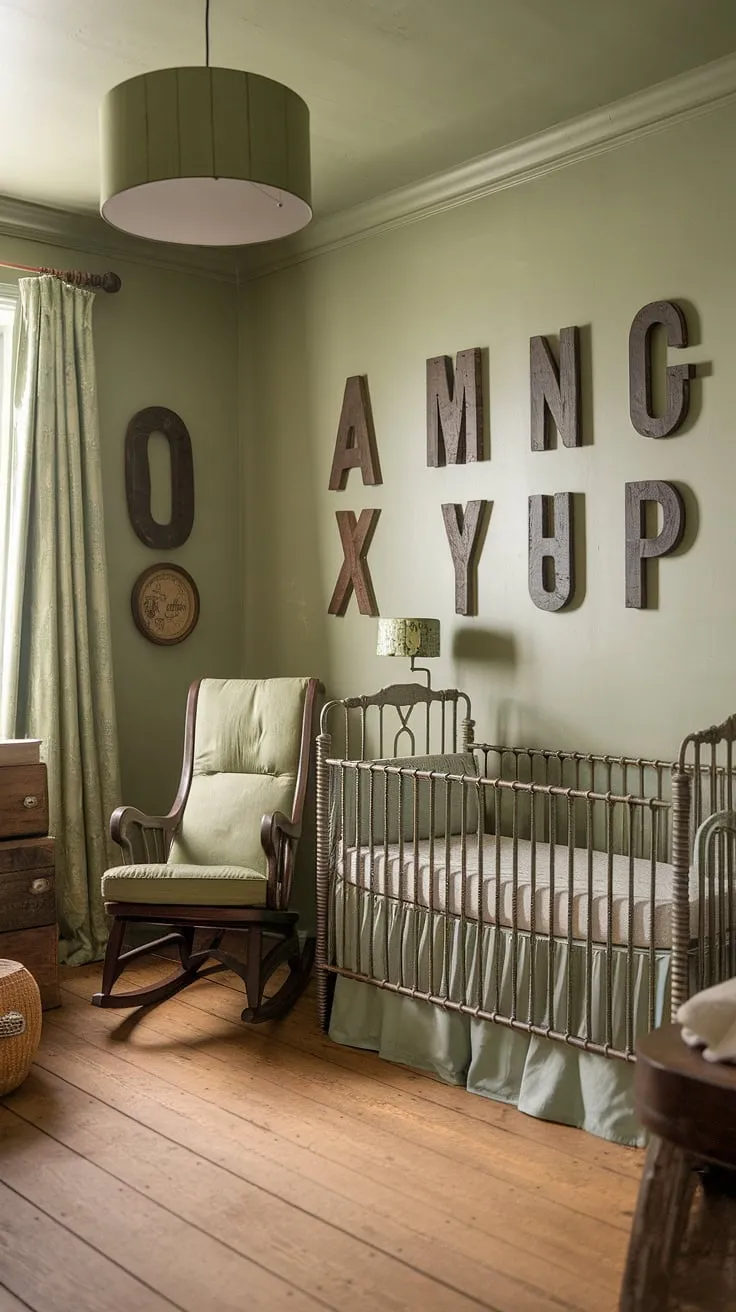 Step back in time with this charming sage green nursery, where rustic elegance meets gentle comfort. Antique furniture and lovingly chosen details create a space brimming with warmth and nostalgia. A perfect haven for sweet dreams.