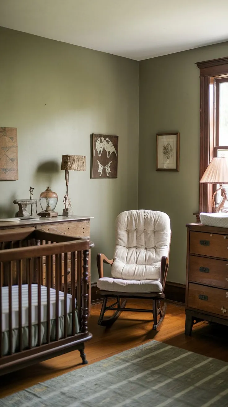This serene nursery is a testament to the enduring beauty of vintage design. The soft lighting, sage green walls, and carefully chosen antique pieces-including a rustic wooden crib and a charming dresser-create a space that's both calming and utterly captivating. A truly timeless nursery, filled with love and cherished memories.