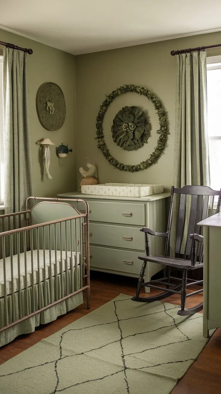 Step back in time with this charming sage green nursery, a haven of vintage tranquility where rustic charm meets modern comfort. The gentle hues and lovingly curated details create a space of peaceful serenity for baby's first adventures. A perfect blend of old-world elegance and contemporary calm.