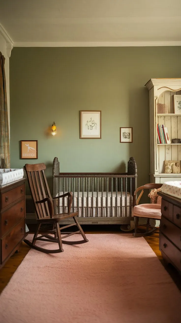 This rustic baby room idea blends antique furniture with a calming sage green palette. The wooden crib, rocking chair, and dresser tell a story, while the soft pink rug adds a touch of sweetness. A white bookshelf provides a clean contrast, creating a space that's both nostalgic and inviting. It's a sanctuary of gentle hues and cherished memories, perfectly designed for peaceful slumber and quiet moments.