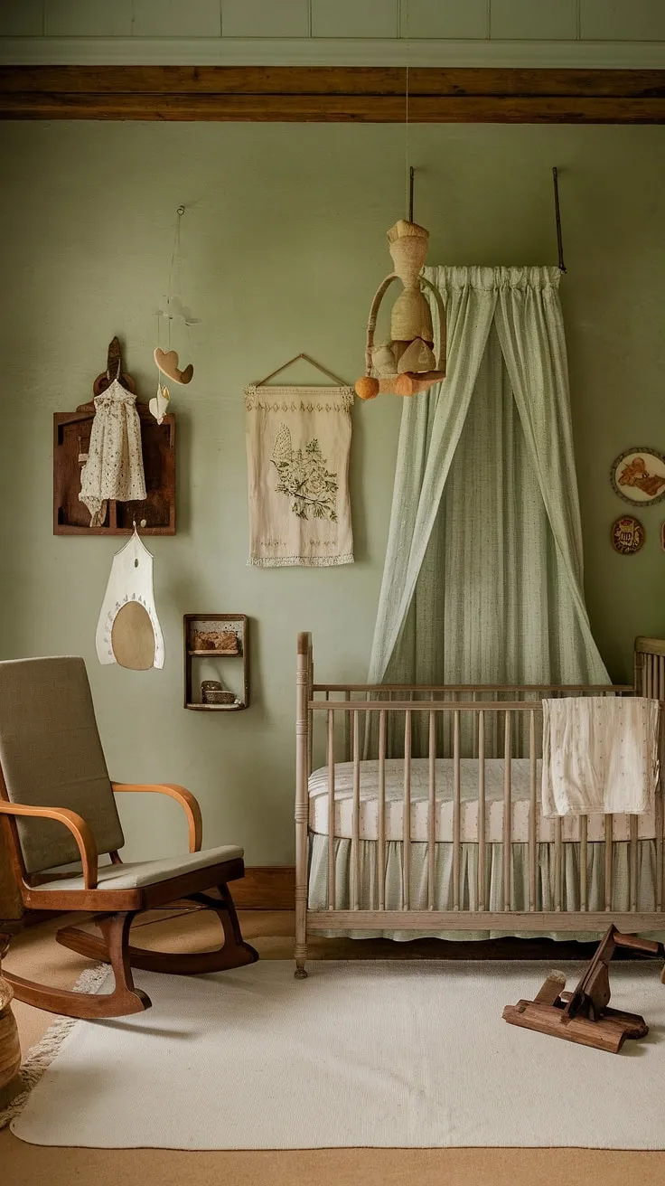 This vintage nursery, bathed in a calming sage green hue, is a testament to enduring style. The handcrafted wooden crib, complemented by a cozy rocker and heirloom decorations, evokes a sense of peaceful nostalgia. A sanctuary of serenity, where dreams are woven from the threads of love and family.