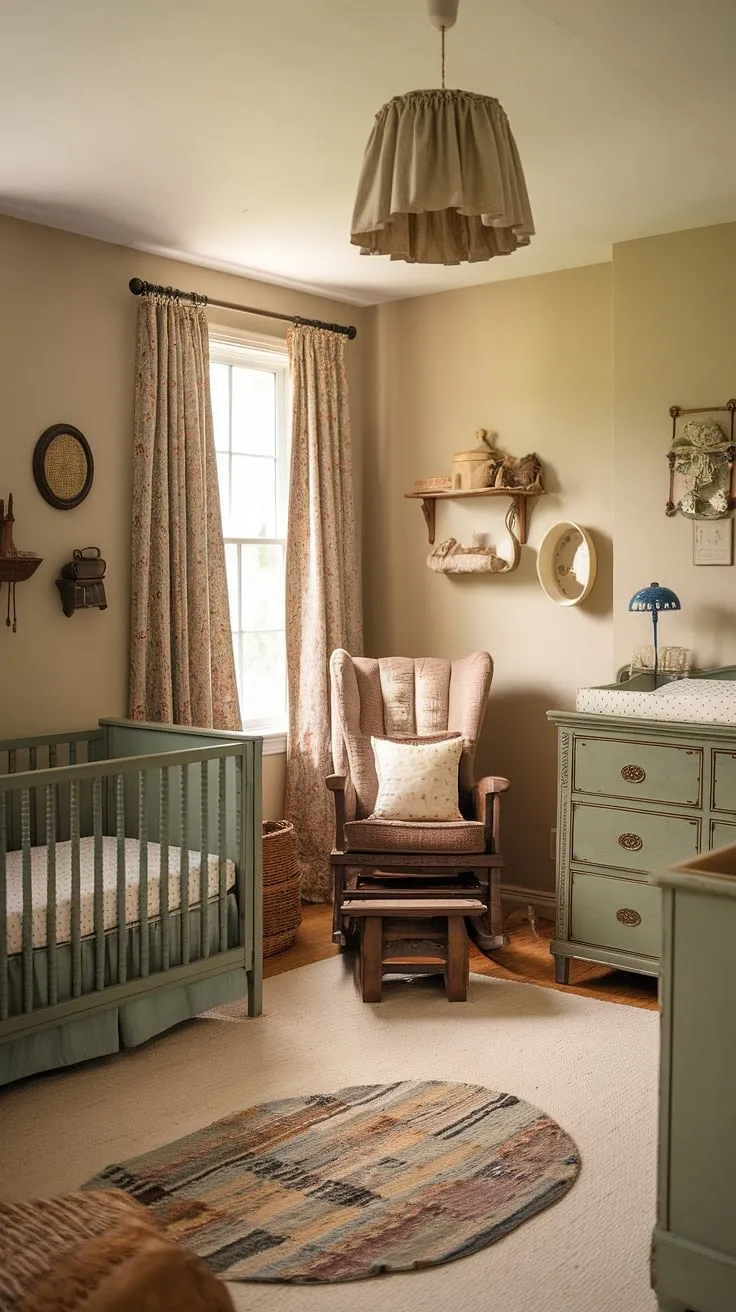 A tranquil sanctuary awaits in this vintage-inspired nursery. Soft sage green hues, antique crib, dresser, and rocking chair combine with vintage textiles and a rustic aesthetic to create a space brimming with warmth and gentle nostalgia. A truly timeless and inviting room for a precious new arrival.