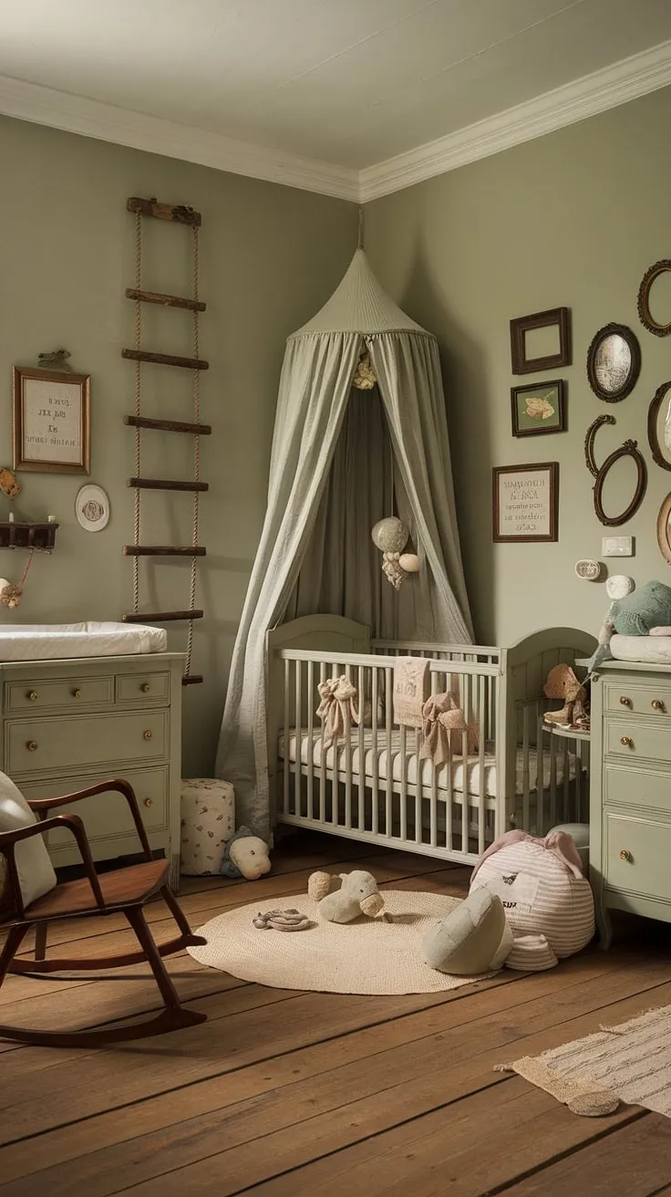 A dreamy escape for baby: this vintage-inspired nursery in soothing sage green boasts antique furniture and rustic accents. The white canopy crib, rocking chair, and soft rug create a peaceful atmosphere, while the antique frames and hanging ladder add a touch of whimsical charm. A perfect blend of old-world elegance and modern comfort.