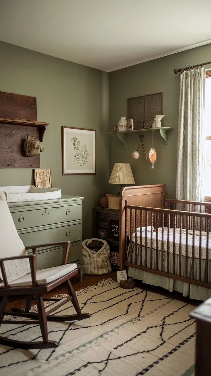 Step back in time with this charming sage green nursery, where rustic elegance meets vintage charm. Antique furniture and soft white bedding create a peaceful haven for your little one, a space filled with warmth and timeless appeal. The gentle glow of the lamp casts a comforting light over the scene, promising sweet dreams in this lovingly curated room.