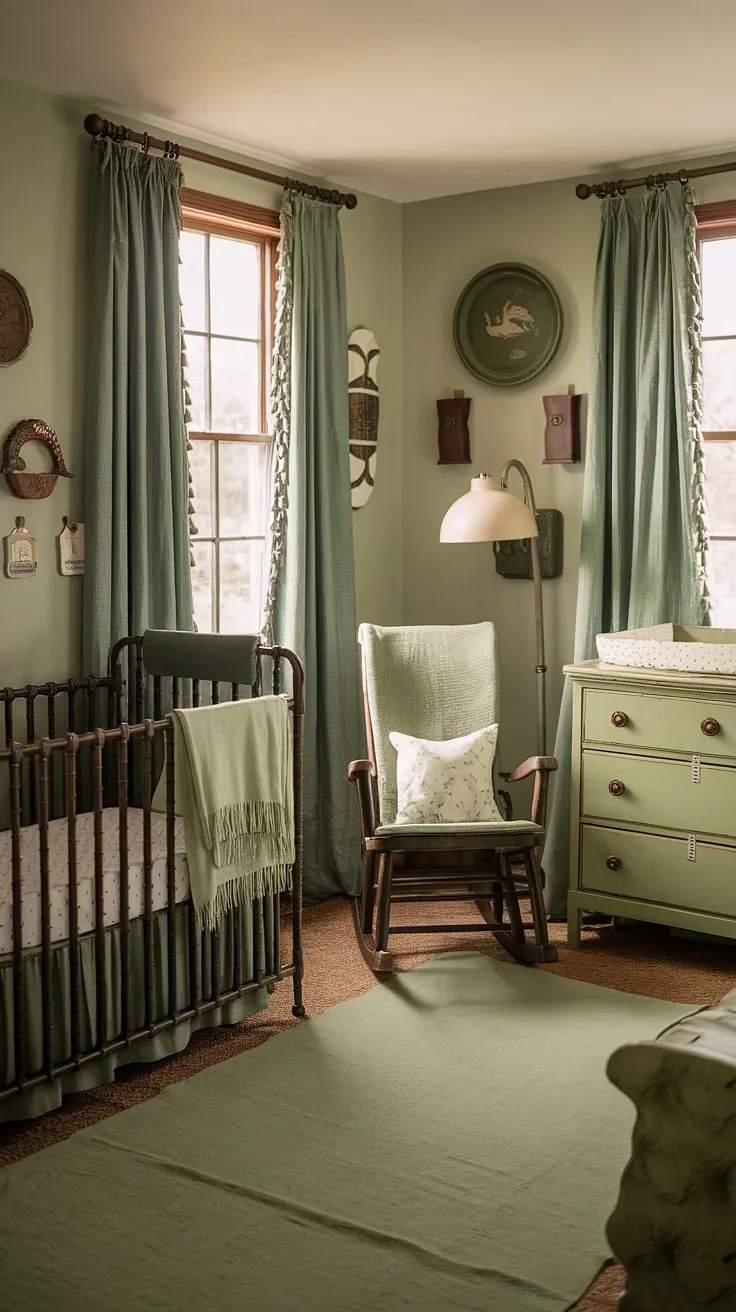 Step back in time with this charming sage green nursery, where antique furniture and rustic details create a haven of tranquility for your little one. The vintage dresser, rocking chair, and soft green accents whisper tales of generations past, promising sweet dreams and cherished memories.