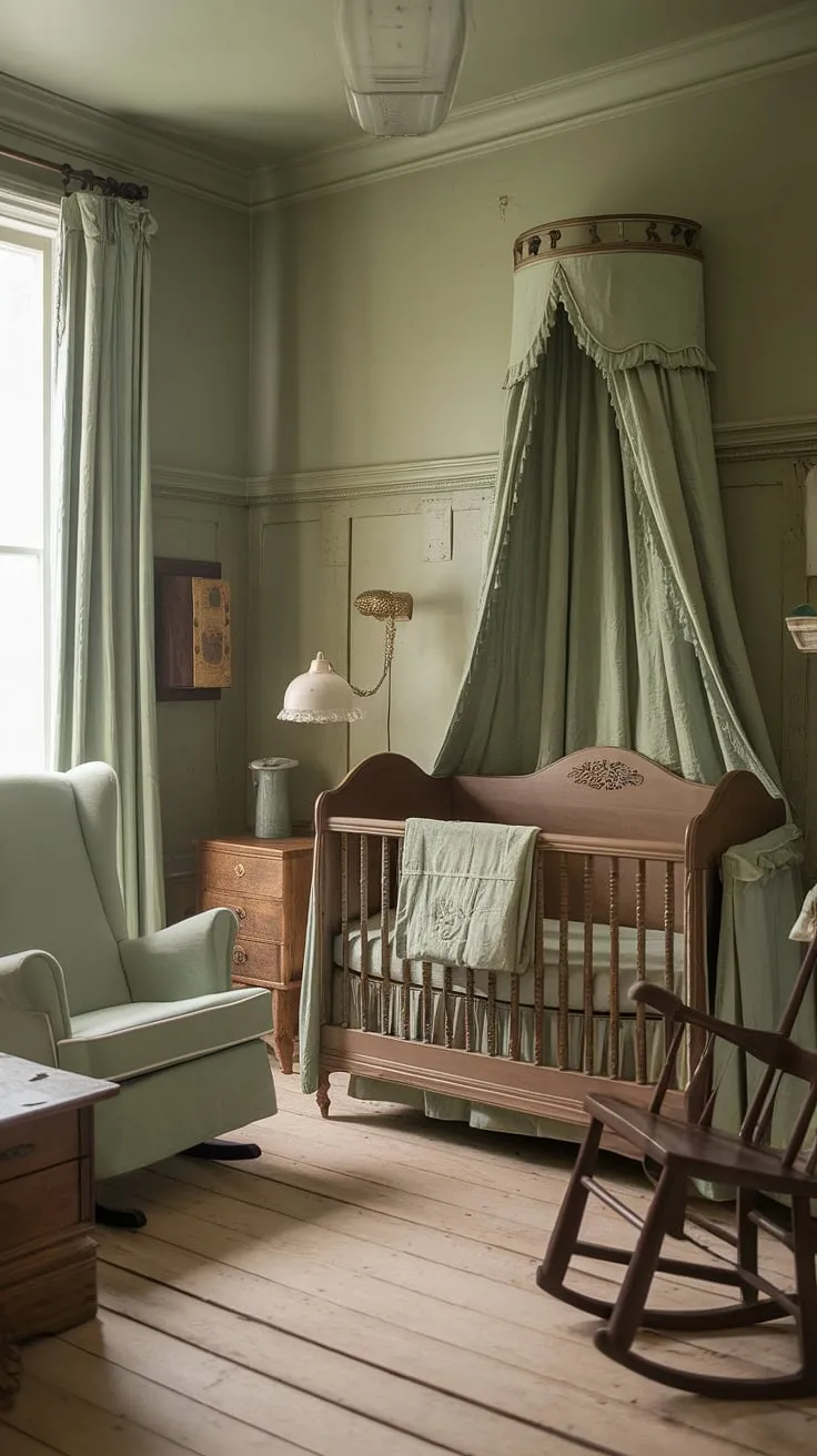 Step into a world of gentle whispers and sweet dreams in this vintage nursery, where sage green walls and antique charm create a haven of tranquility. The lovingly carved crib, a rocking chair worn smooth by time, and the soft glow of the vintage lamp promise countless peaceful nights. A timeless space, perfectly curated for the arrival of a little one.
