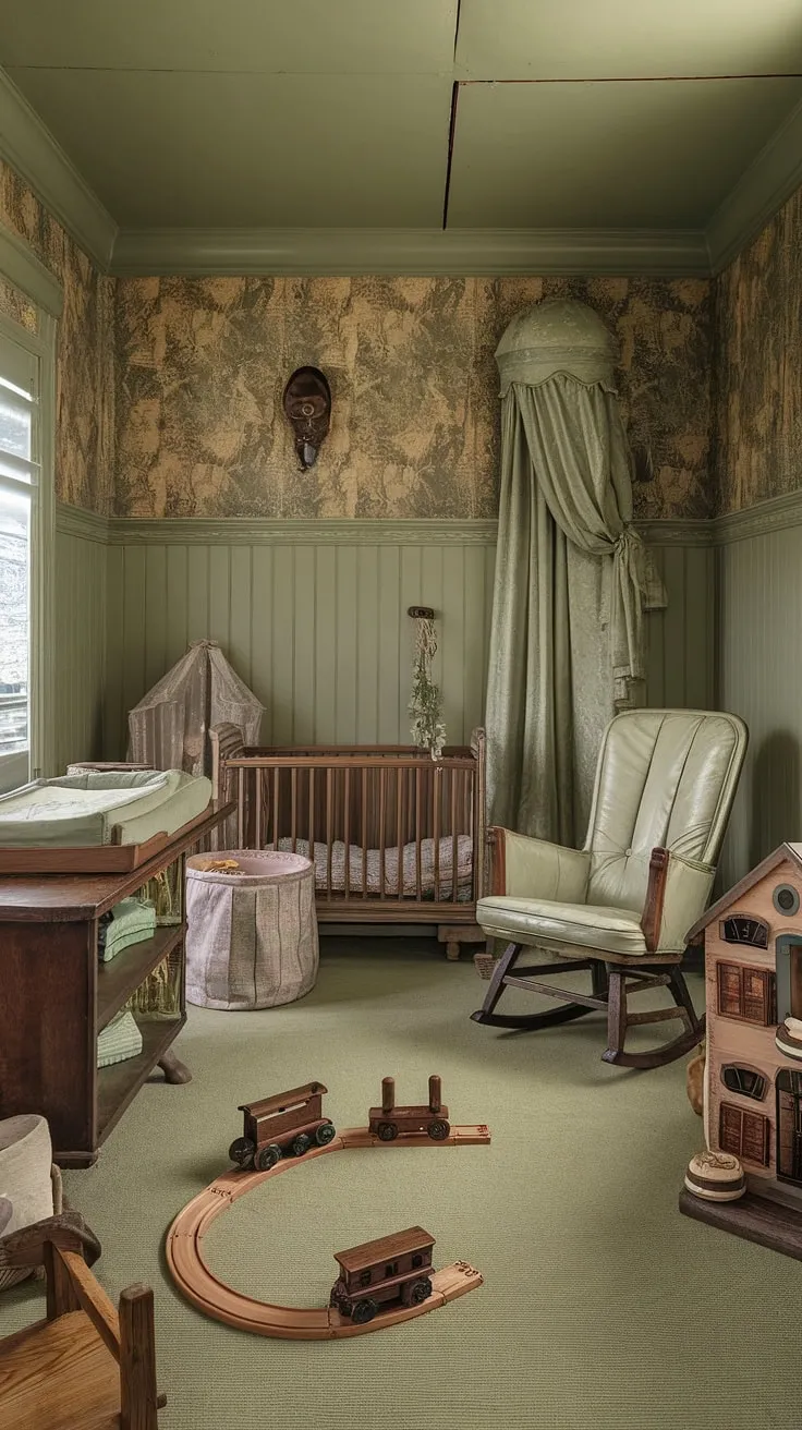 Step back in time in this charming sage green nursery, where rustic charm meets antique elegance. A wooden cradle, vintage rocking chair, and antique toys create a haven of warmth and nostalgia. A perfect space for sweet dreams and cherished memories.