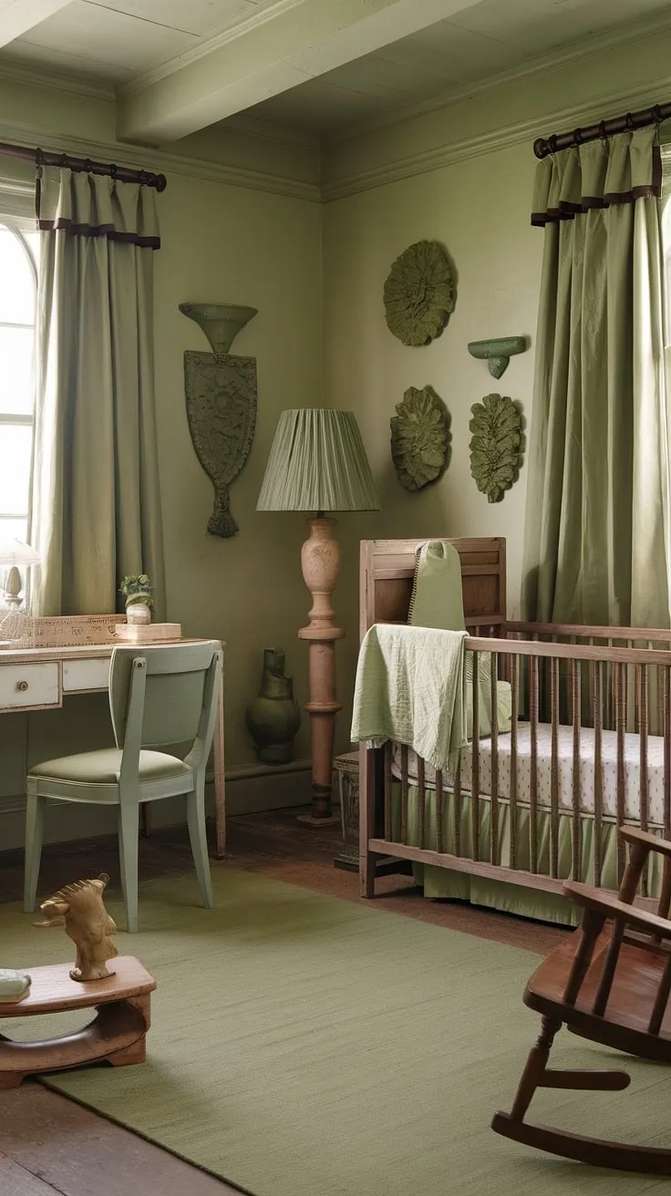 Step back in time with this charming vintage nursery, a sanctuary of sage green hues and rustic charm. Antique furniture, a cozy rocker, and delicate details create a space where sweet dreams are made. The gentle color palette and calming atmosphere promise peaceful nights and happy mornings.