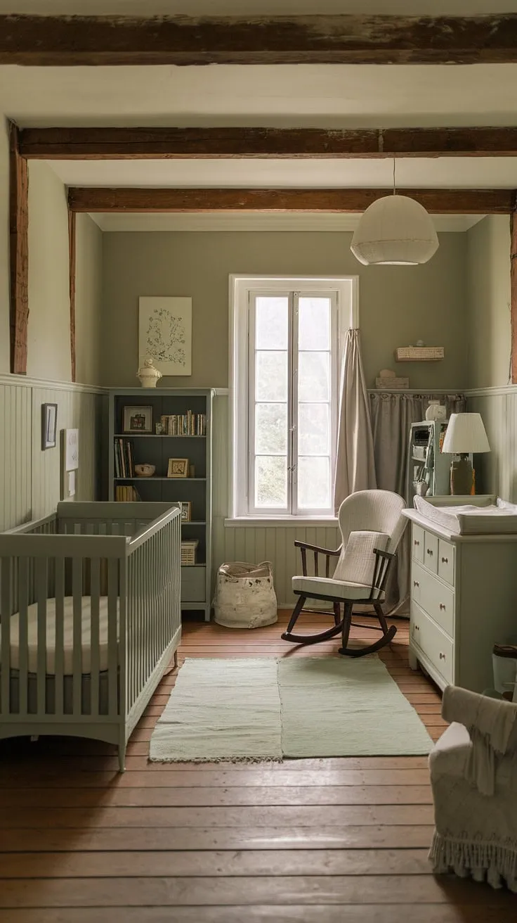 A haven of calm and rustic charm, this sage green nursery whispers stories of gentle nights and sweet dreams. The exposed beams and vintage furniture create a space both comforting and utterly enchanting. A perfect blend of old-world appeal and modern serenity.