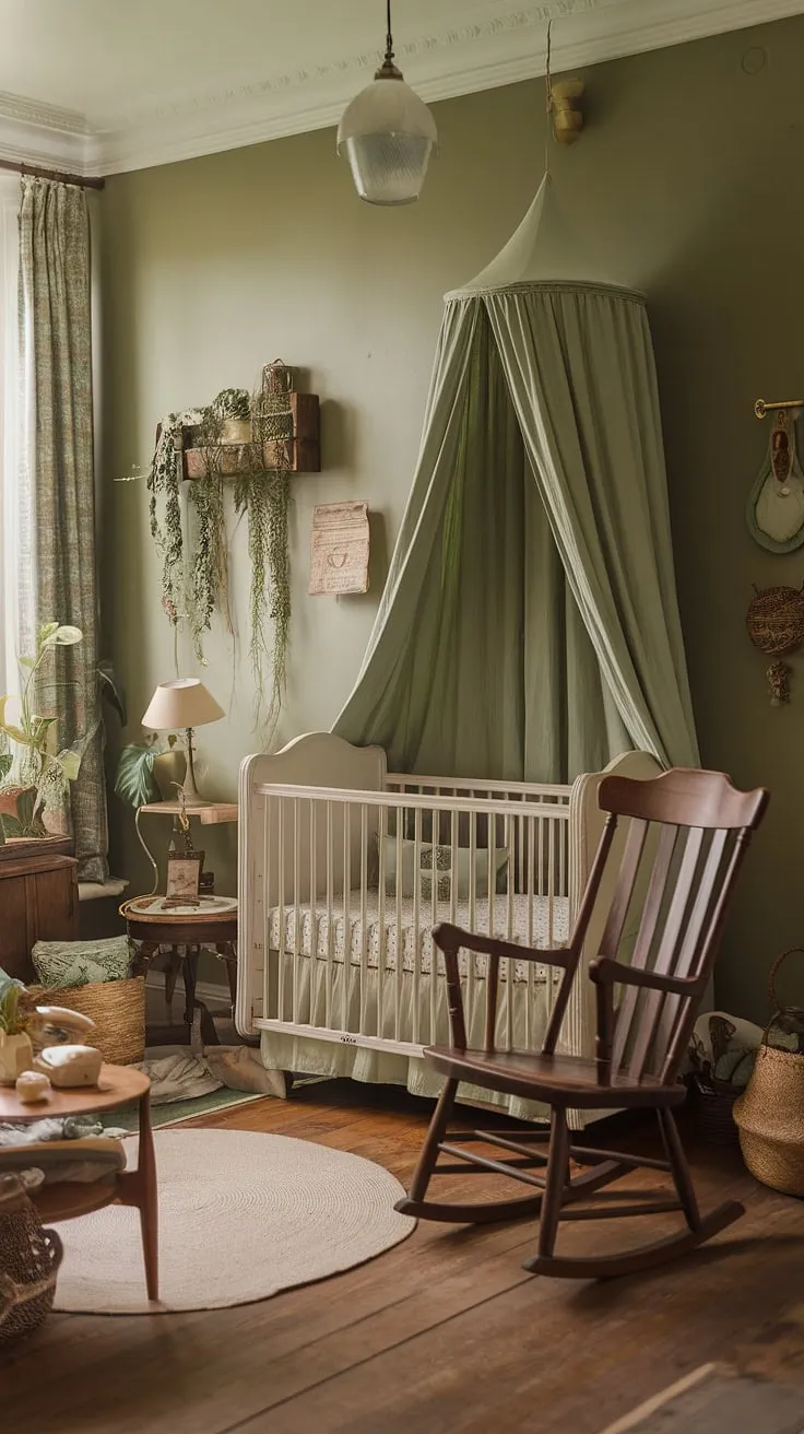 Soft light dances across the aged wood floors of this vintage nursery, a sanctuary of peace and tranquility. The calming sage green walls embrace a white crib and a weathered rocking chair, creating a space where dreams are born and memories are made. A perfect blend of rustic charm and gentle serenity.