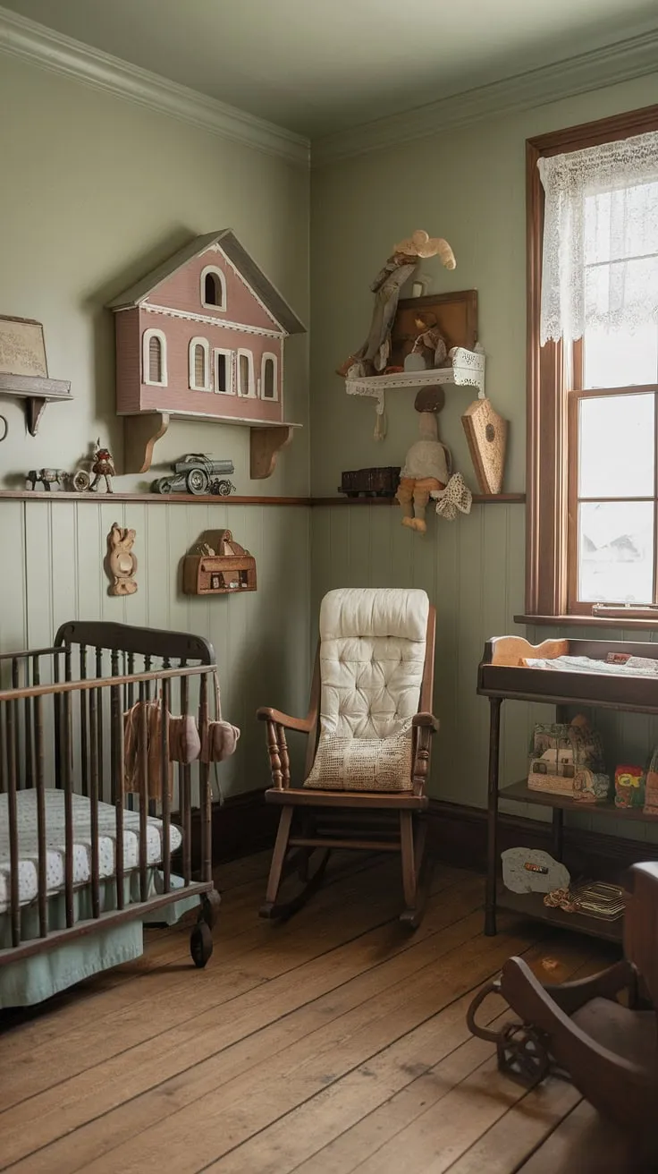 Step back in time with this charming sage green nursery, where rustic elegance meets vintage whimsy. Antique furniture, cherished toys, and soft natural light create a haven of tranquility for the little one. A perfect blend of old-world charm and modern comfort.
