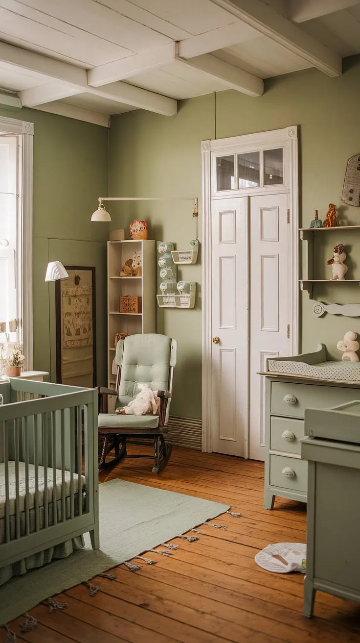 Step into a world of gentle whispers and sweet dreams in this sage green nursery, where antique charm meets modern comfort. The rustic details, from the worn wooden floors to the vintage crib, create a haven of tranquility for your little one. A perfect blend of old-world elegance and contemporary functionality, this space is designed for both restful slumber and playful exploration.