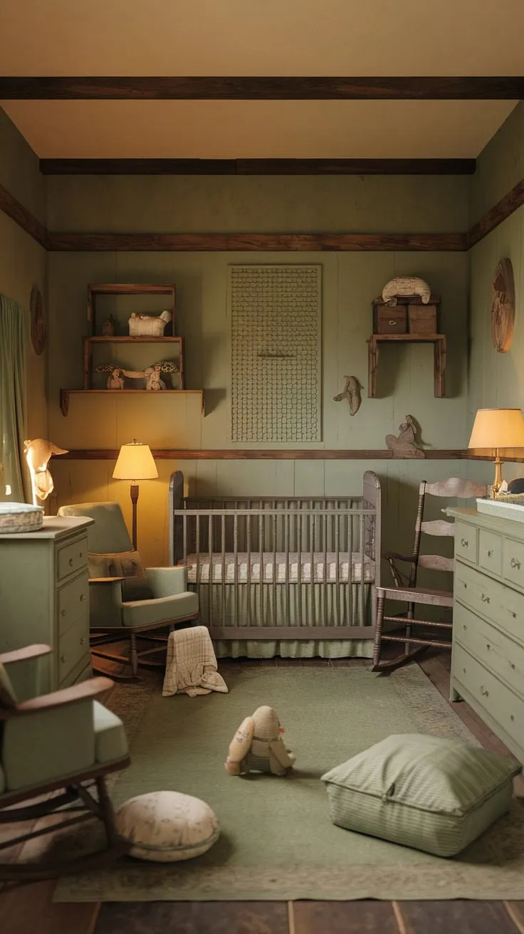 This vintage nursery, bathed in the soft glow of warm light, is a testament to timeless elegance. The rustic charm of the antique crib, rocking chair, and dresser, all painted in a soothing sage green, creates a space of unparalleled serenity. A truly enchanting room for a little one's arrival.