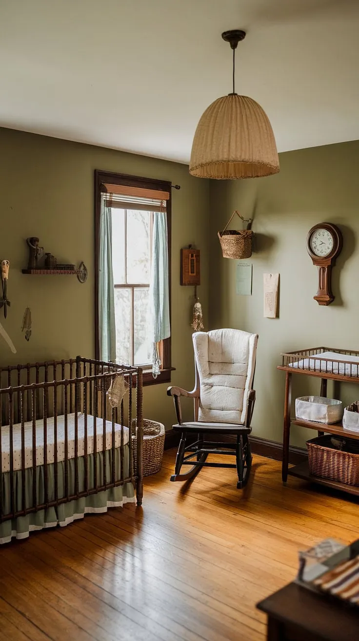 Imagine a nursery bathed in sunlight, filled with the gentle creaks of a rocking chair and the sweet scent of lavender. This rustic haven, painted in calming sage green, offers a peaceful retreat for both parent and child. Antique furniture and carefully chosen details create a space brimming with love and cherished memories.