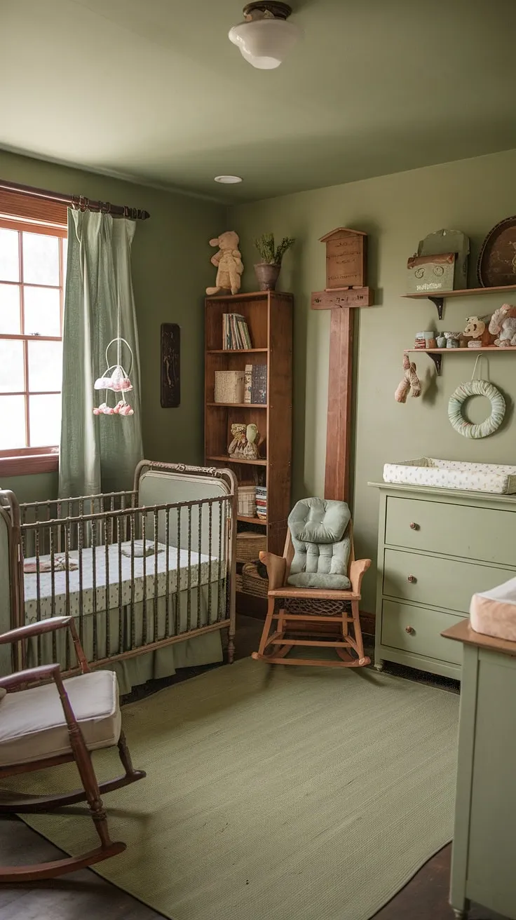 This rustic sage green nursery is a dream come true. Every detail, from the antique crib and vintage rocker to the handcrafted wooden changing station and bookshelf, whispers of cherished memories and gentle lullabies. A truly enchanting space where your baby will feel safe, loved, and surrounded by a timeless elegance.