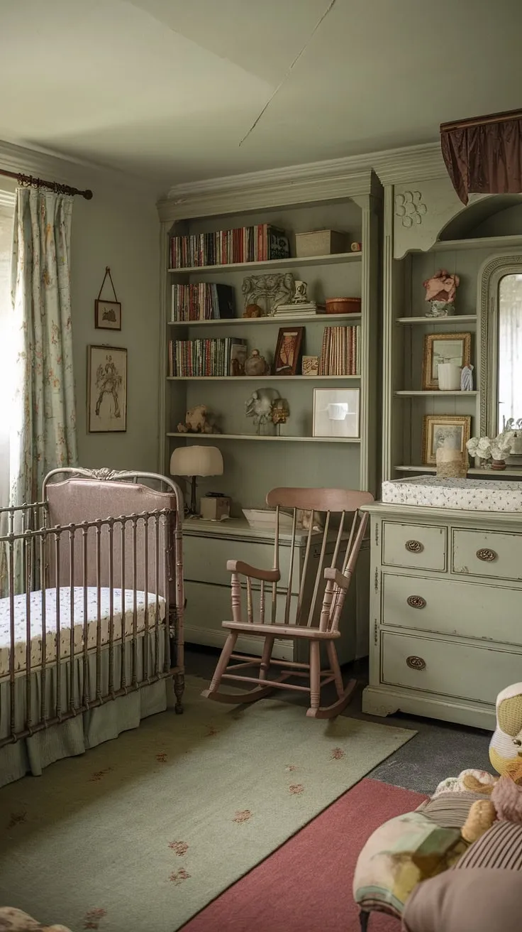 Step into a world of gentle whispers and sweet dreams in this vintage nursery, where sage green walls embrace antique furniture and a rustic charm fills the air. The heirloom crib, rocking chair, and dresser tell stories of generations past, promising a legacy of love and comfort for the little one to come. A haven of tranquility awaits.
