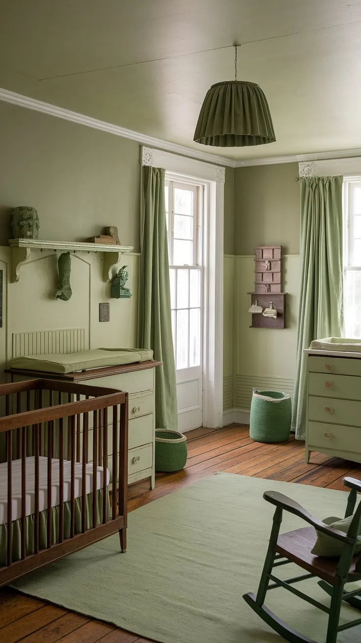 This lovingly curated vintage nursery is a testament to timeless style. The sage green hues, antique crib, and cozy rocking chair evoke a sense of peaceful nostalgia. A truly enchanting space for a little one's first adventures.