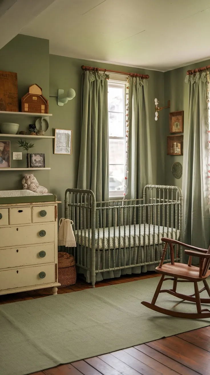 Step into a world of gentle dreams in this sage-green sanctuary. The vintage crib, antique rocker, and lovingly chosen details create a space where cherished memories will unfold. A timeless nursery, filled with a quiet sense of calm and the promise of sweet slumber. A perfect haven for a little one.