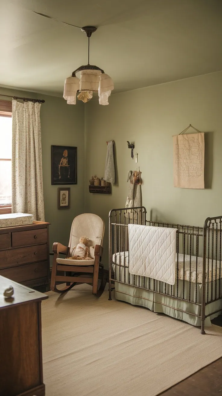 This vintage nursery, painted in a calming sage green, whispers stories of generations past. The antique crib, dresser, and rocking chair, adorned with a white quilt and a carefully chosen details, evoke a sense of quiet comfort and enduring family tradition.