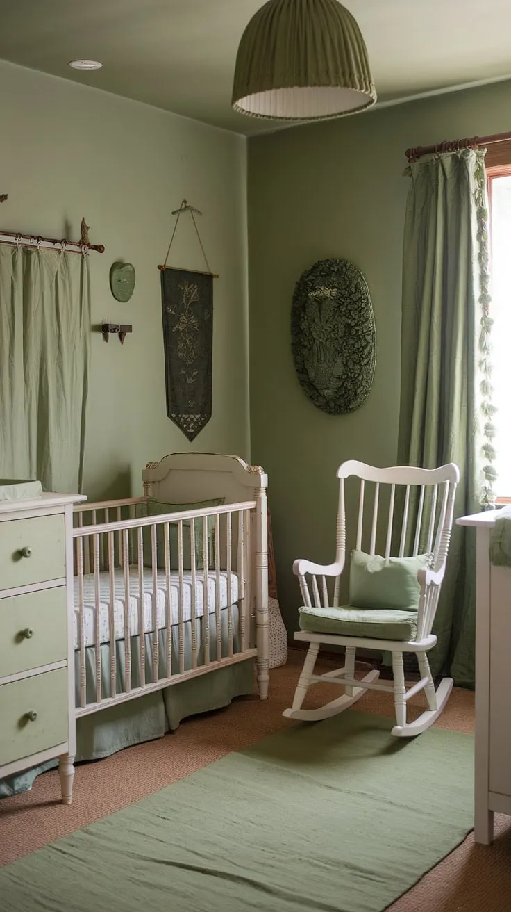Step into a world of gentle calm in this vintage nursery, where sage green walls whisper stories of quiet nights and sweet dreams. The antique crib, rocking chair, and dresser, all adorned with subtle green accents, create a space of rustic charm and timeless elegance. A perfect haven for a little one.