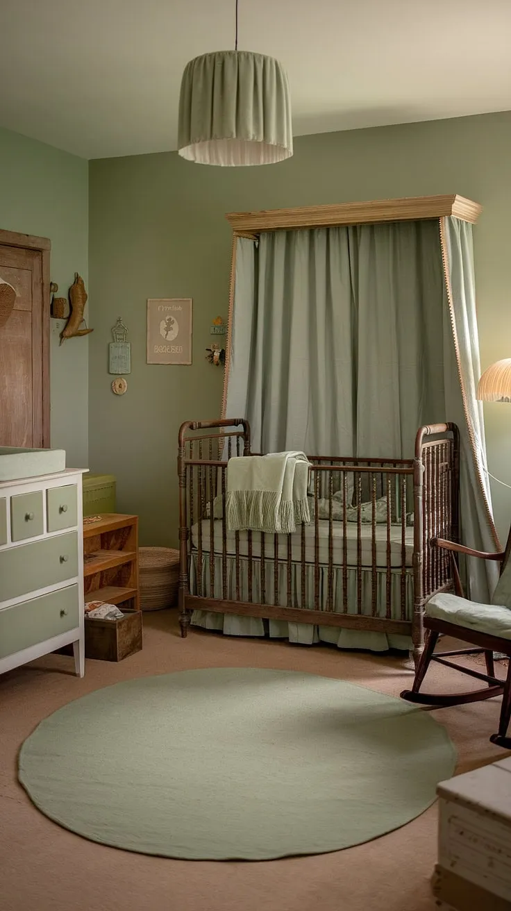 Step into a world of gentle dreams in this vintage nursery, where rustic charm meets soothing sage green hues. The antique crib, worn rocker, and lovingly chosen details create a space of quiet comfort and timeless beauty. A perfect haven for little ones.