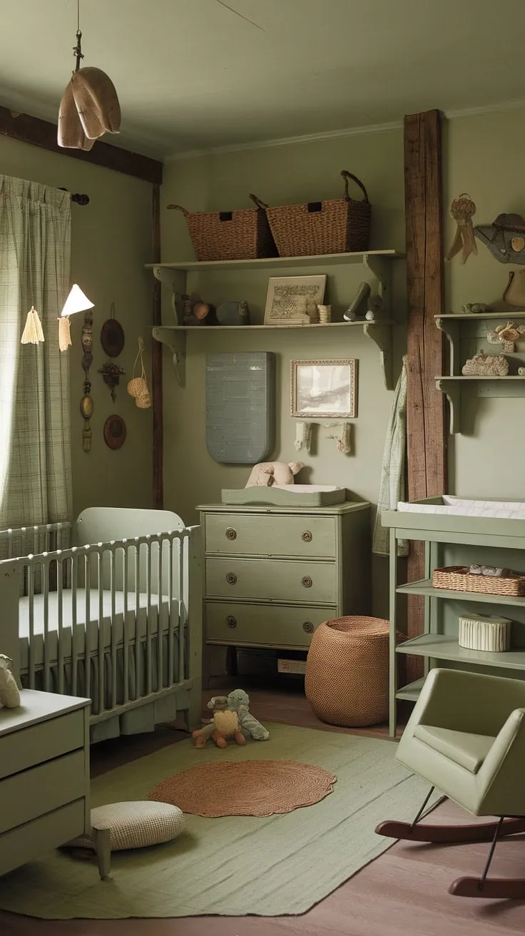 Step into a world of gentle calm in this sage-green nursery, where antique charm meets rustic simplicity. The soft hues and handcrafted details create a haven of tranquility for precious dreams. A perfect blend of vintage elegance and modern comfort, this space is a testament to timeless design.