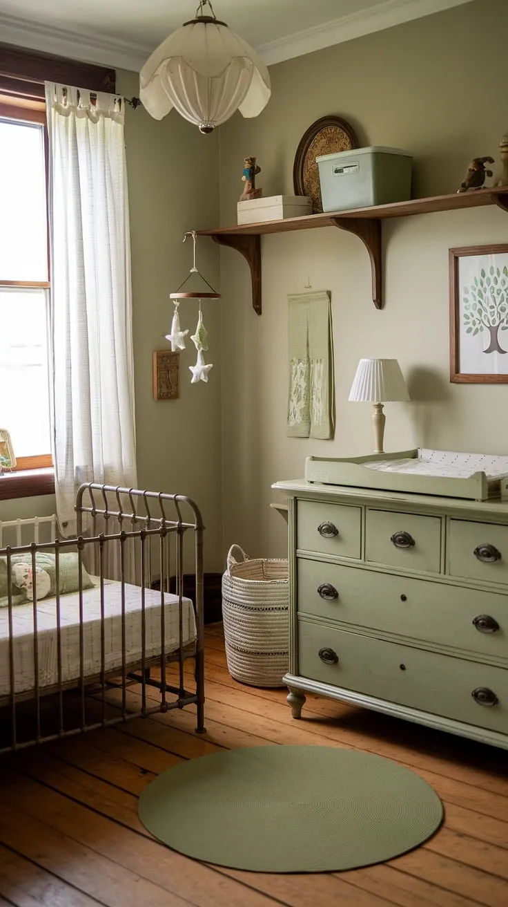 Step into a world of gentle calm and rustic charm. This sage green nursery, bathed in soft light, whispers stories of quiet nights and sweet dreams. The antique details and handcrafted touches create a space where memories are made.