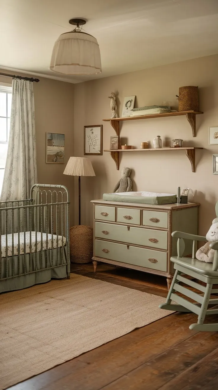 A soft beige hue warms this vintage nursery, where a sage green crib, dresser, and rocking chair create a calming, rustic haven. Wooden shelves overflow with cherished baby items, promising sweet dreams and gentle rocking. The overall aesthetic is one of timeless comfort and understated elegance.