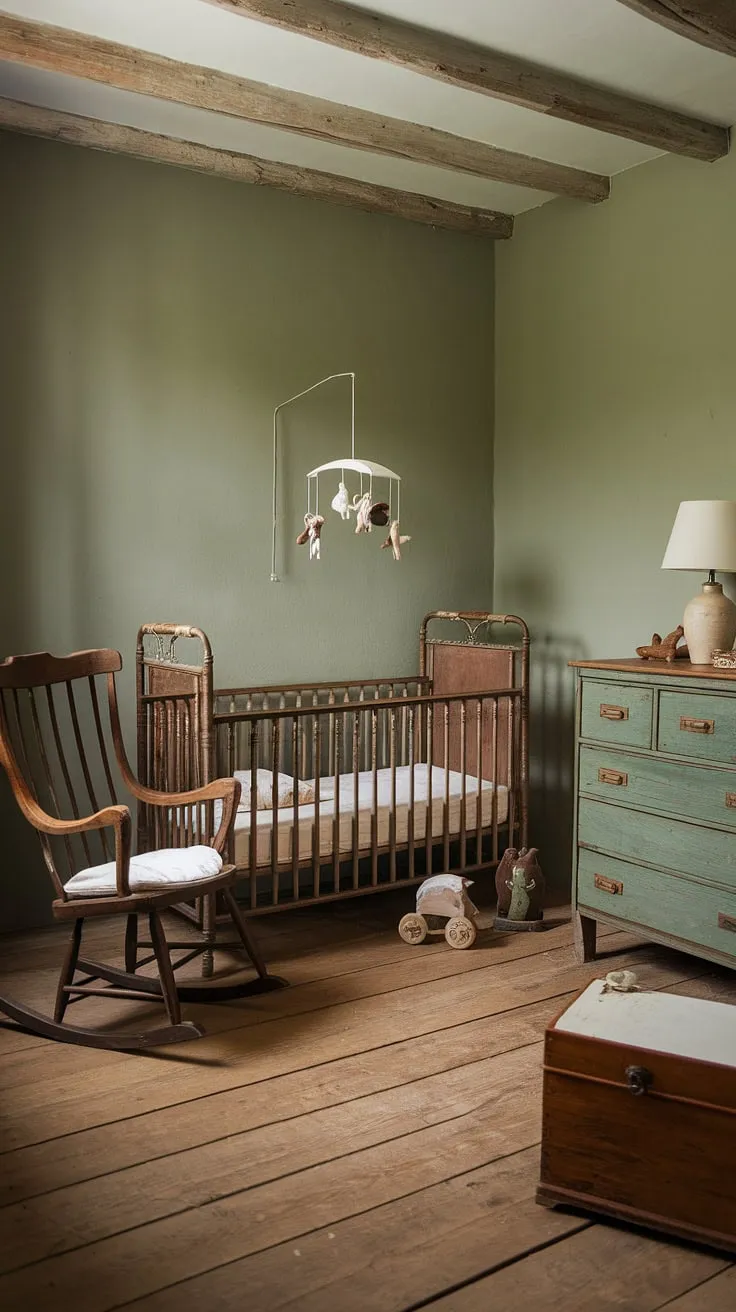 Step into a world of gentle whispers and sweet dreams in this vintage nursery, where sage green walls embrace antique furniture and a rustic charm fills the air. The soft light dances on the wooden crib, rocking chair, and dresser, creating a haven of tranquility for the little one. A timeless space, filled with love and the promise of countless cherished memories.