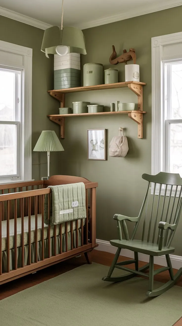 A dreamlike nursery, painted in soothing shades of green, evokes a sense of calm and rustic elegance. Every detail, from the handcrafted crib to the thoughtfully chosen accessories, contributes to a space that is both beautiful and utterly peaceful. A truly enchanting room for a precious arrival.