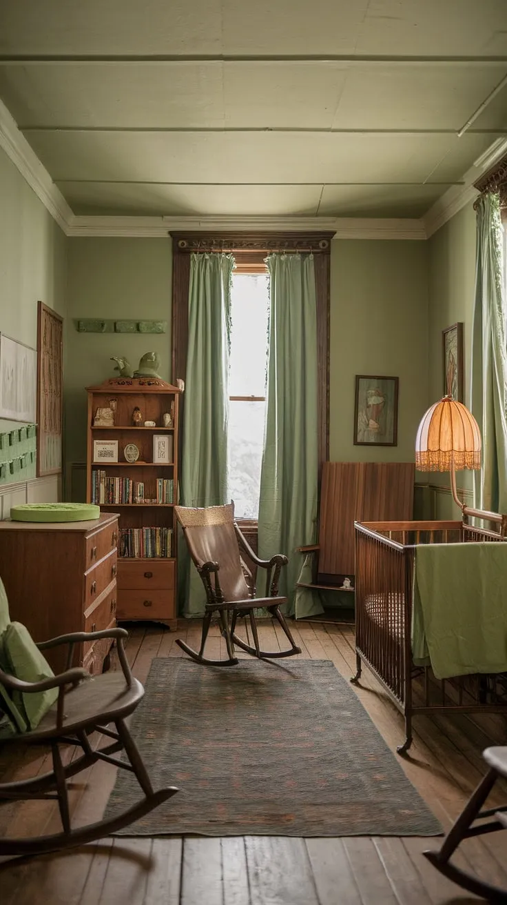 Step back in time in this charming sage green nursery, where rustic elegance meets gentle comfort. Antique furniture, soft lighting, and a touch of vintage green create a haven of tranquility for the little one. The heirloom crib, rocking chair, and carefully curated details whisper stories of generations past, promising sweet dreams and cherished memories. A