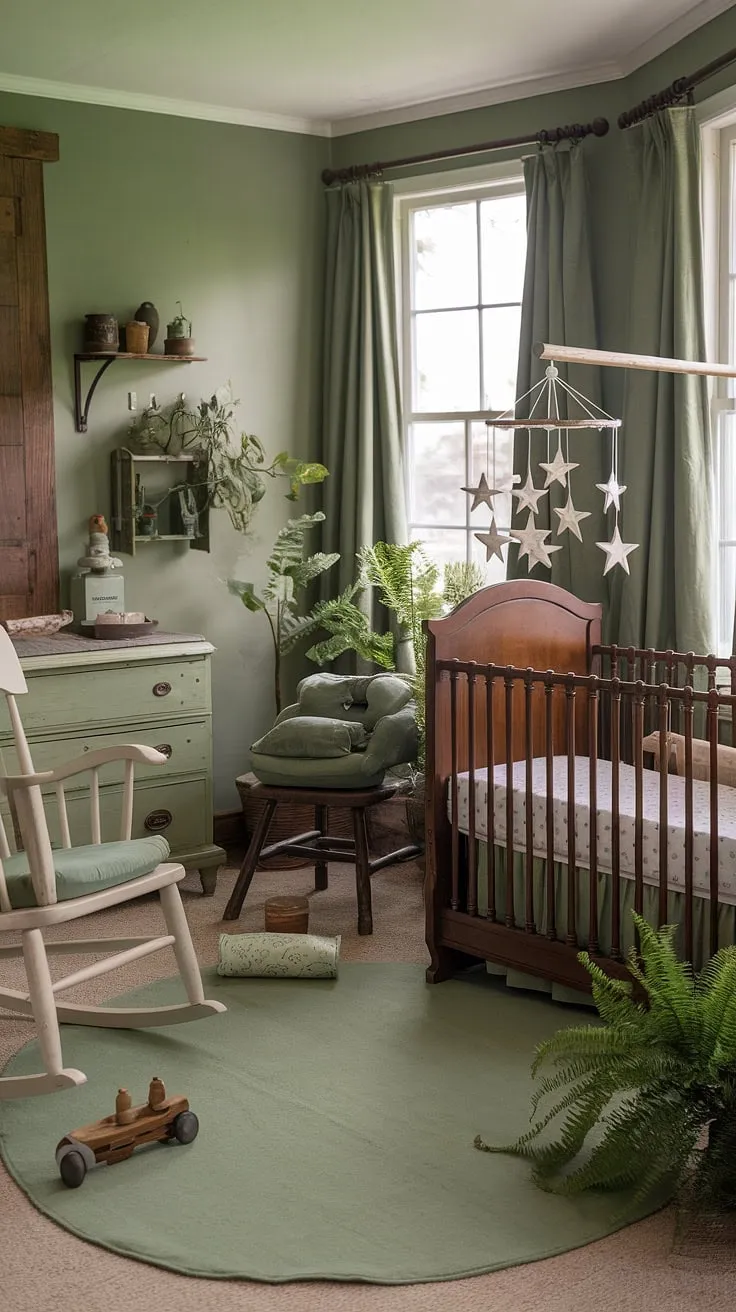 Step into a world of gentle calm and rustic charm. This vintage nursery, bathed in sage green hues, whispers stories of quiet nights and sweet dreams. Antique furniture, a handcrafted mobile, and the soft glow of natural light create a haven of peace for the little one. A perfect blend of old-world elegance and modern comfort.