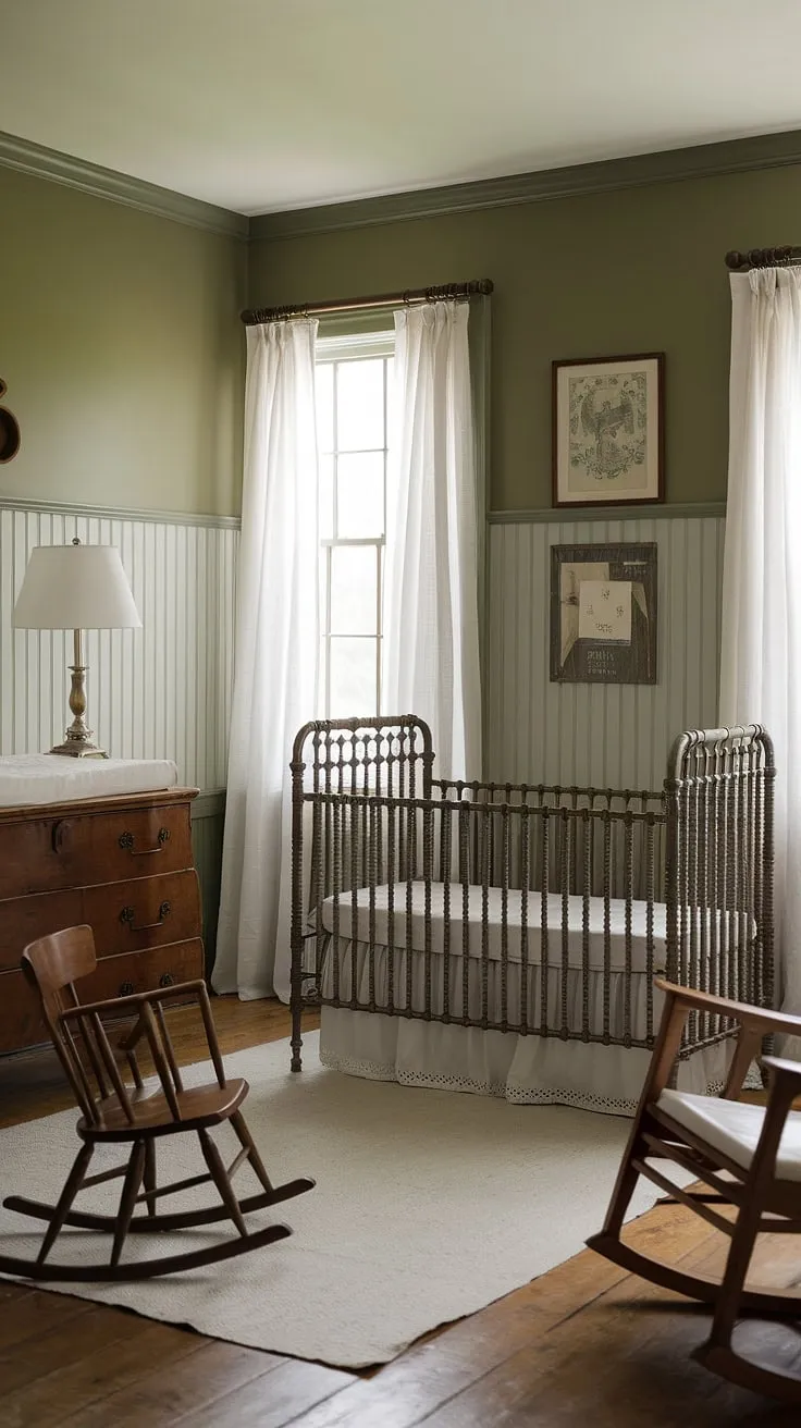 This vintage nursery, painted in a calming sage green, is a testament to simple elegance. The antique wooden crib, complete with crisp white bedding, sits nestled beside a worn wooden rocker, promising countless hours of soothing lullabies. Every detail, from the striped wallpaper to the aged dresser, contributes to the room's enchanting atmosphere, creating a space where dreams are born and nurtured.