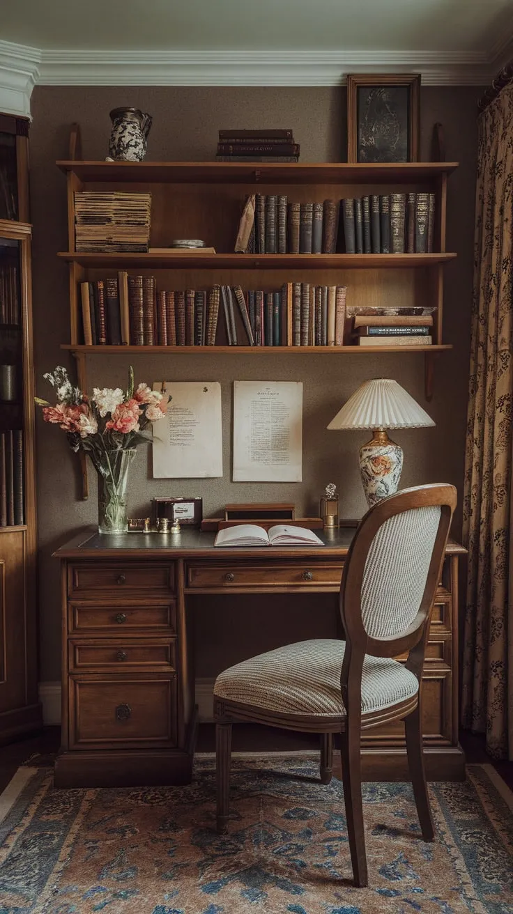A vintage study room evokes 1920s academia with a cozy workspace, blending antique furniture and literary inspiration.