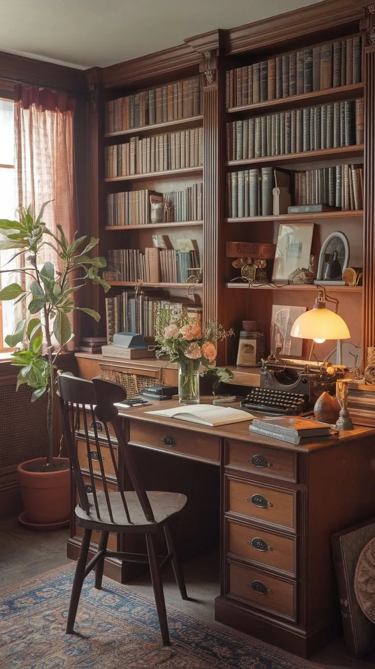 Step back in time to a 1920s writer's haven a cozy vintage study brimming with books, a typewriter, and the perfect atmosphere for productive work