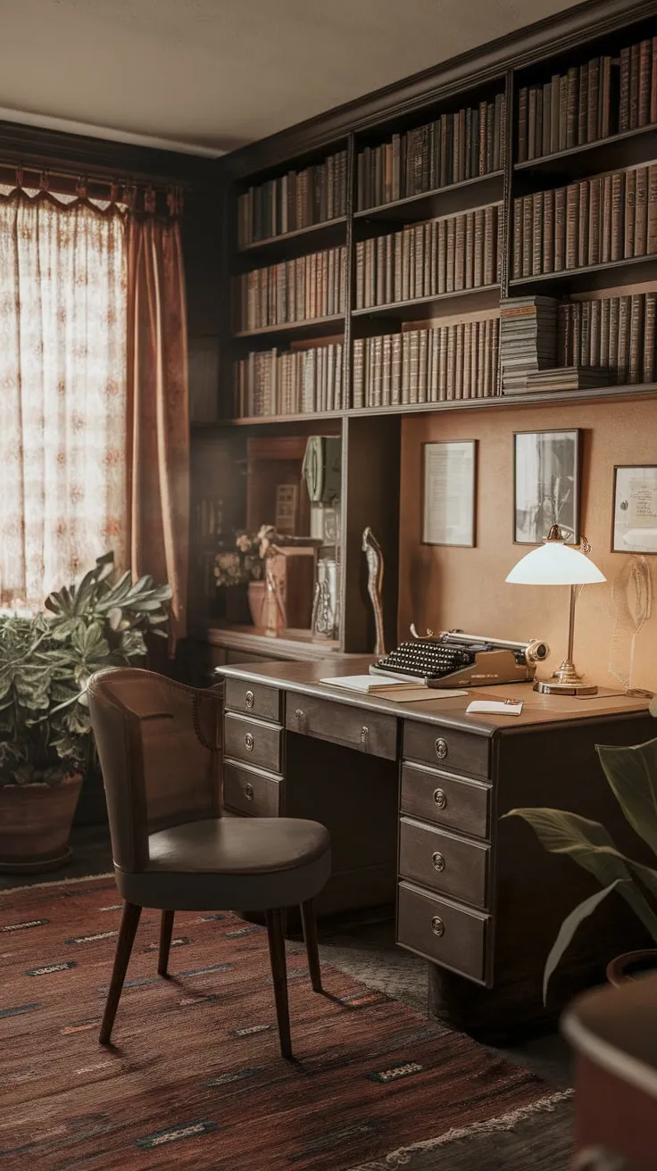 Step back in time to a cozy 1920s writer's study, complete with vintage desk, bookshelves, and typewriter, perfect for focused work or inspired daydreaming