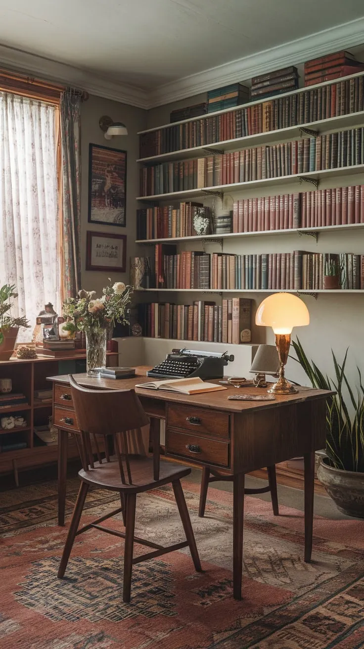 Escape to a vintage writer's haven a warm and inviting 1920s study, complete with a typewriter, books, and a cozy atmosphere ideal for work or relaxation.
