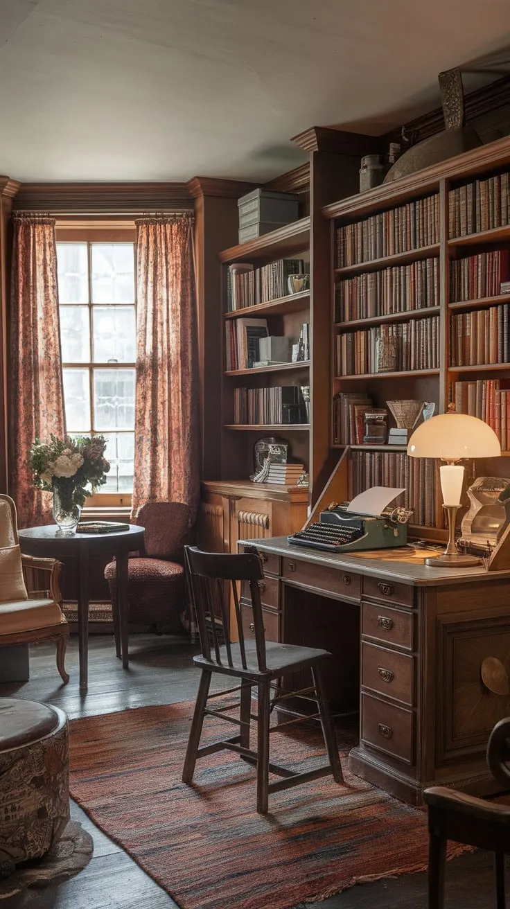 Escape to a warm and inviting vintage study room, perfect for focused work or quiet contemplation.