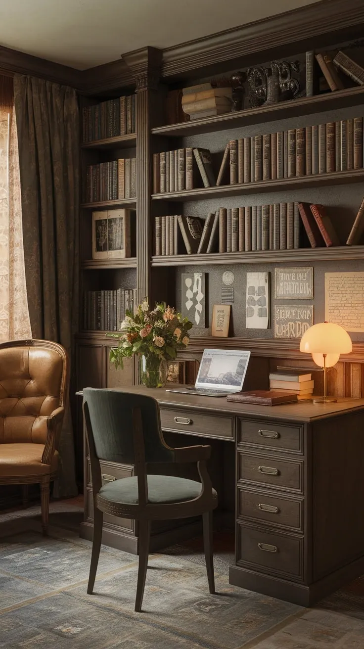 A warm-lit vintage study room evokes a 1920s writer's haven, blending old-world academia with contemporary work-from-home comfort.
