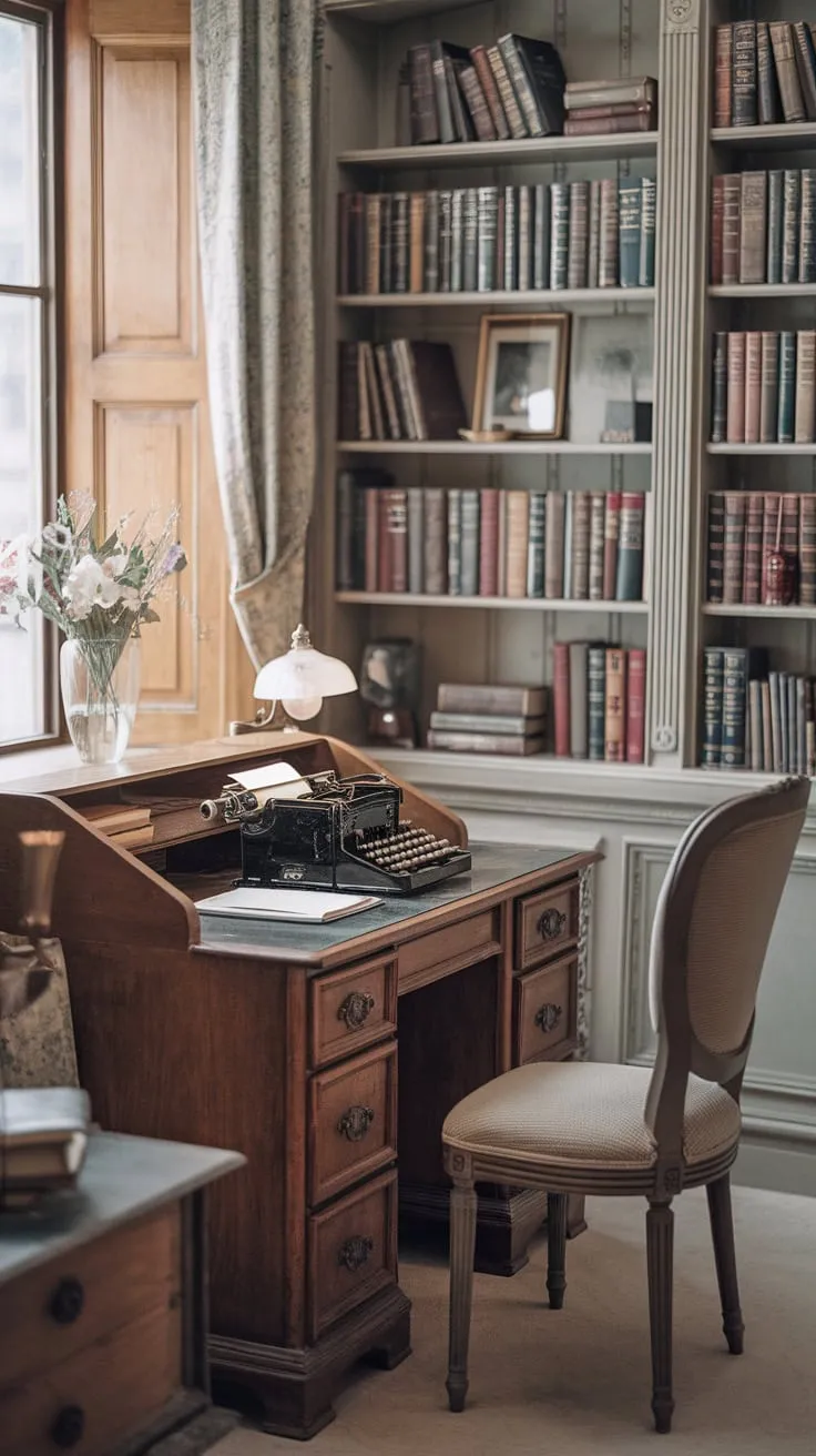 A vintage study room evokes a 1920s writer's spirit with its wooden desk, typewriter, overflowing bookshelves, and soft lighting creating a light academia atmosphere.