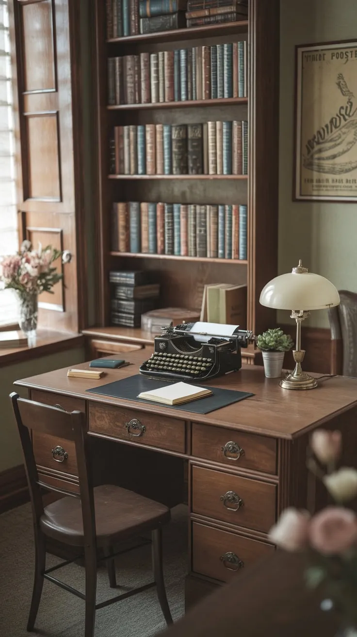 Step back in time to a cozy 1920s writer's study, complete with vintage typewriter, overflowing bookshelves, and soft lighting perfect for inspiring creative work