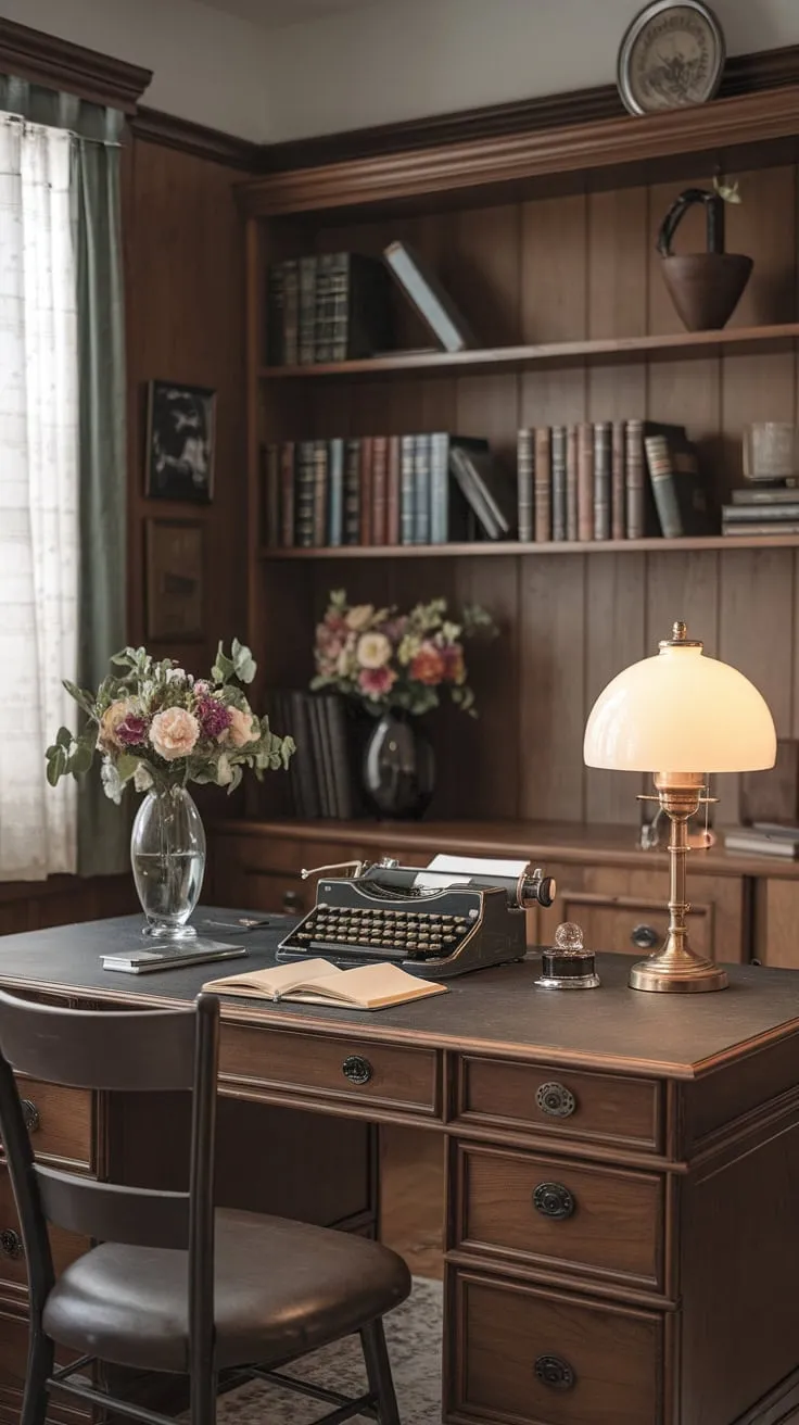 Step back in time to a cozy 1920s writer's study, complete with wood paneling, a vintage typewriter, and the comforting glow of light academia