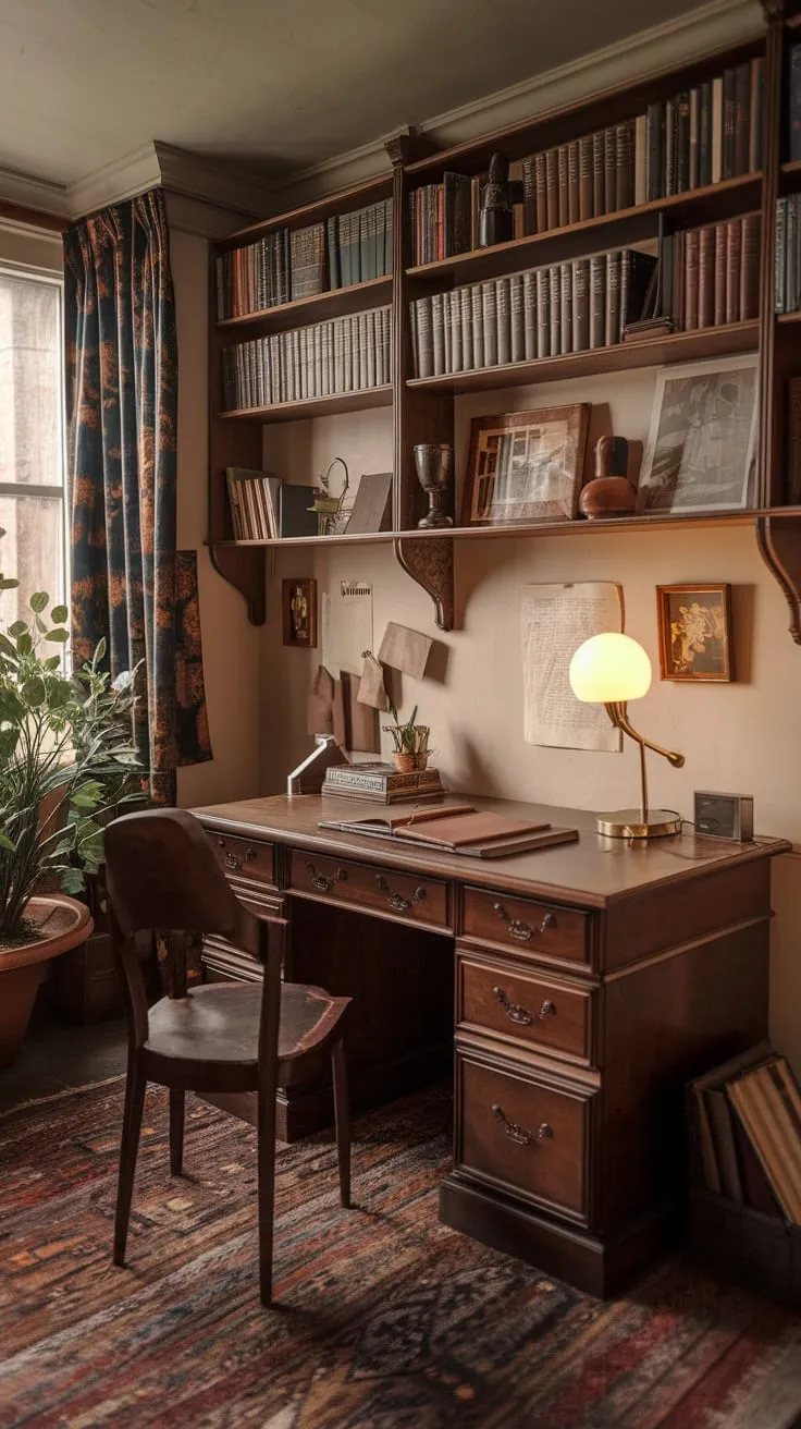 Step back in time to a 1920s writer's haven—a vintage study brimming with books, warm light, and the perfect atmosphere for focused work.