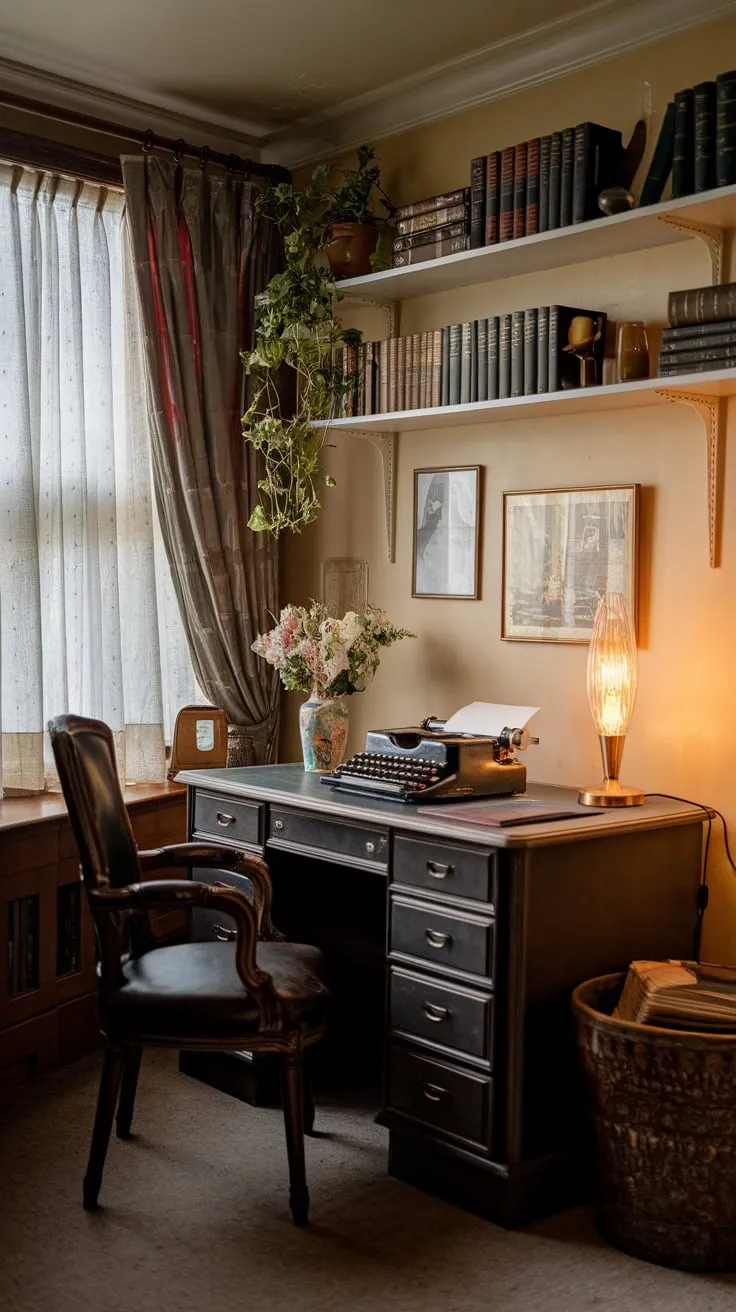 A vintage study room evokes a 1920s academic atmosphere, offering a warm and inviting space ideal for writing and quiet contemplation.