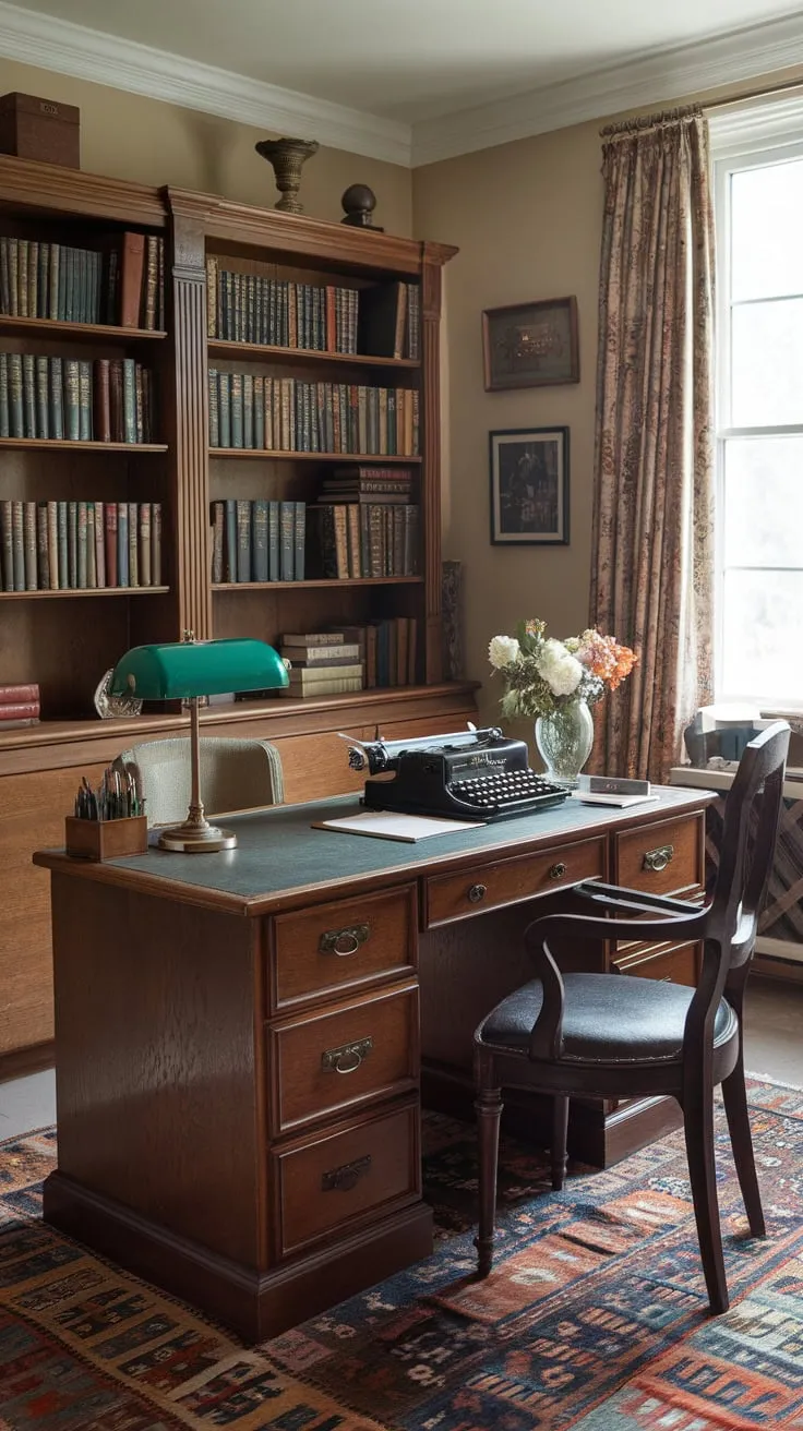Step back in time to a 1920s writer's haven a vintage study brimming with antique charm and literary inspiration