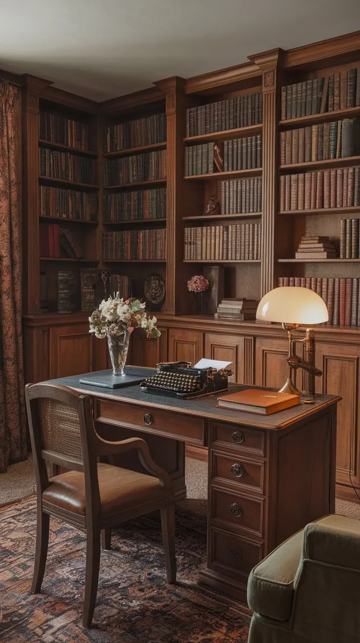 A vintage study room evokes a 1920s writer's haven, its warm lighting and antique furnishings creating a cozy and productive workspace.