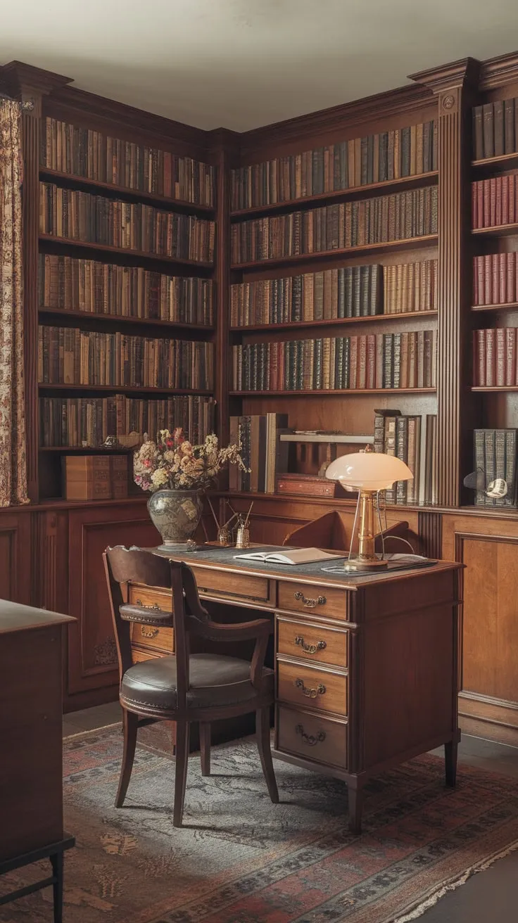 Step back in time to a vintage study room, where a 1920s writer's aesthetic meets warm wooden furnishings and overflowing bookshelves.