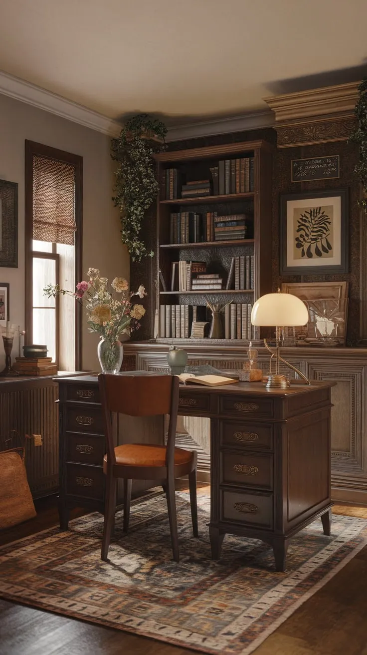 A cozy 1920s-inspired vintage study, complete with wooden desk, overflowing bookshelf, and warm lighting, evokes a productive yet inviting work-from-home atmosphere.