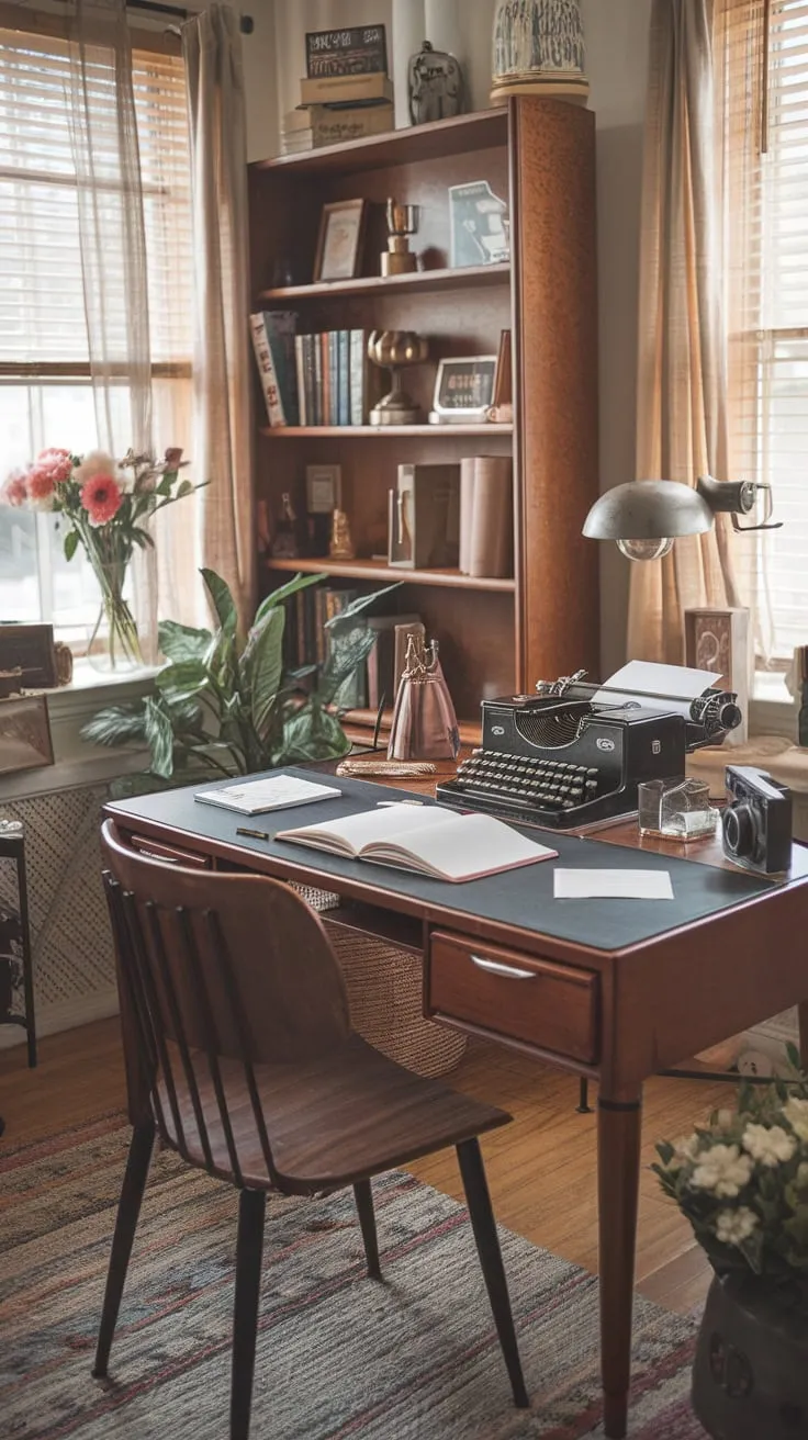Step back in time to a 1920s writer's cozy vintage study, brimming with academic charm and the perfect work-from-home atmosphere